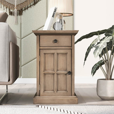 U-can vintage living room end table | antique brown side table with usb ports | multifunctional drawer and cup holders