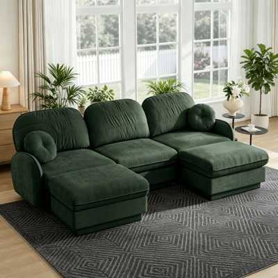 105" Green Chenille U-Shaped Sectional Sofa, Movable Ottoman & Deep Seat, Easy Assembly