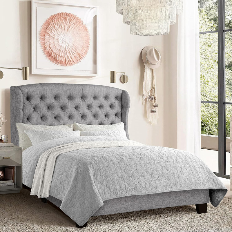Tufted Headboard Adjustable Height Bed Frame/Fabric Upholstered Bed Frame/Wood Slatted Supports, Linen, Grey, Queen