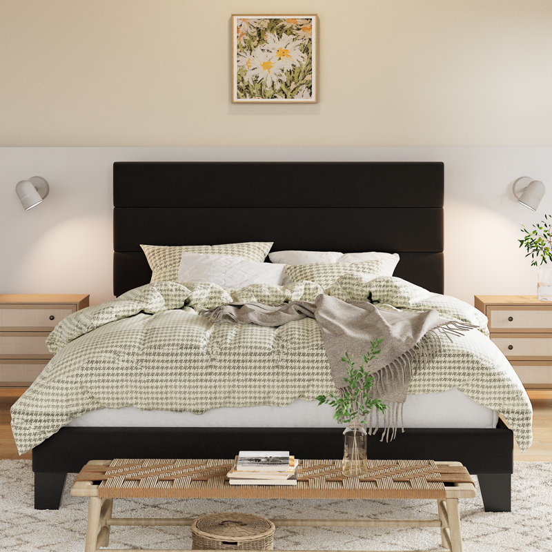 Upholstered Platform Bed with Modern Design Headboard, No Box Spring Needed, Queen, Black