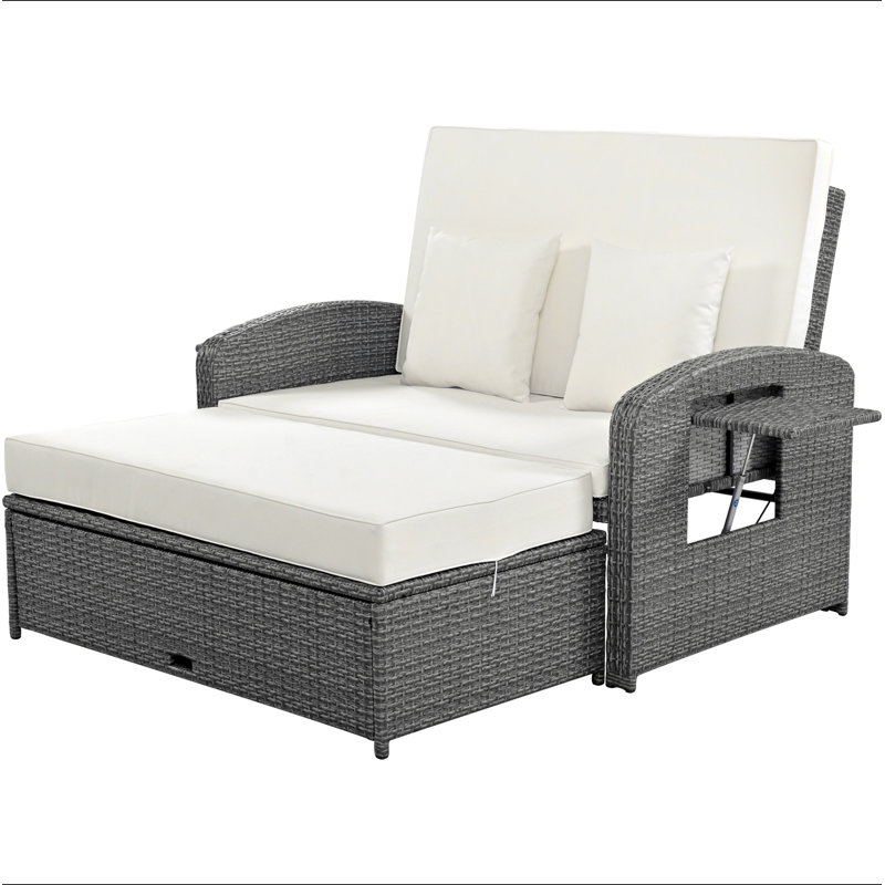 Wicker Rattan Double Chaise Lounge, 2-Person Reclining Daybed With Adjustable Back And Cushions, Free Furniture Protection Cover