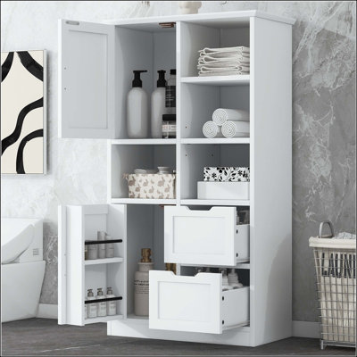 Tall Storage Cabinet with Doors, Drawers, and Open Shelves