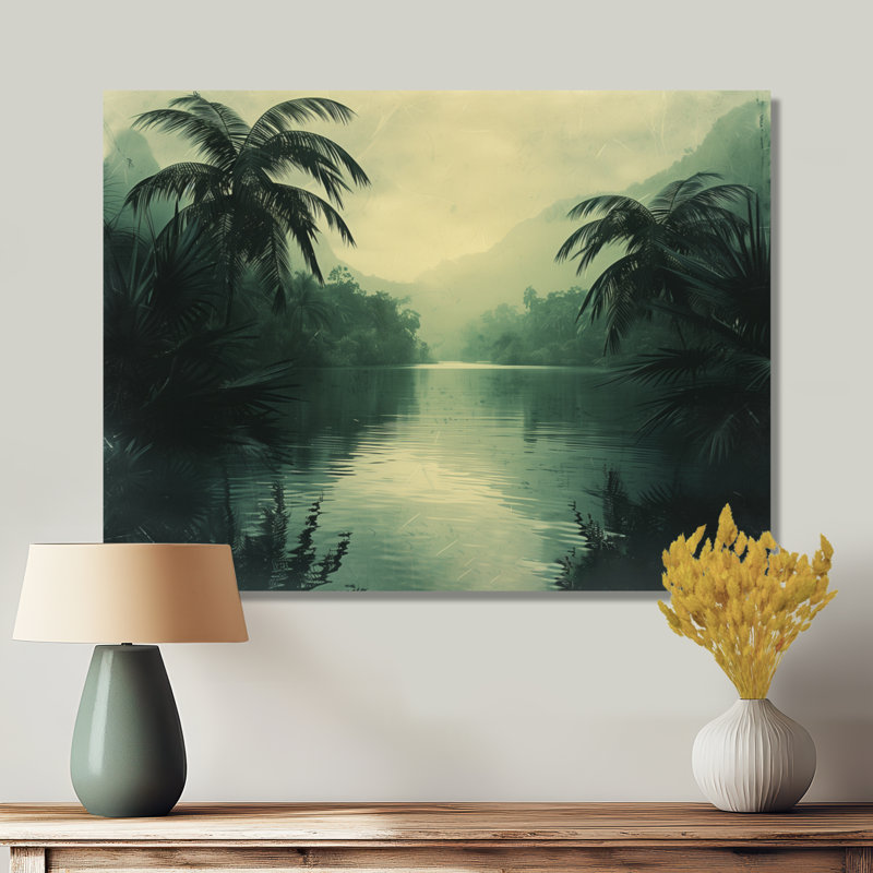 Décoration murale oasis tropicale grise et verte - palmiers et palmiers, Toile tendue, H 12 po x l 20 po