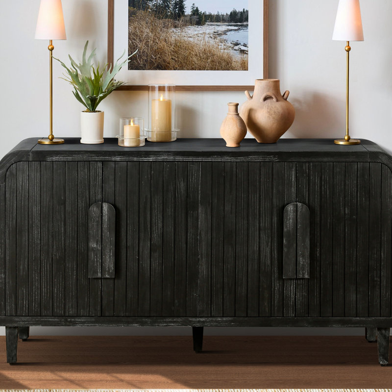 Antique Black 59'' Sideboard, Curved Vintage With Swiftly Wooden Handles & Adjustable Shelves Vigorous, Antique Black