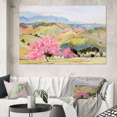 " Pink Mountain Tree in Autum Landscape " Painting