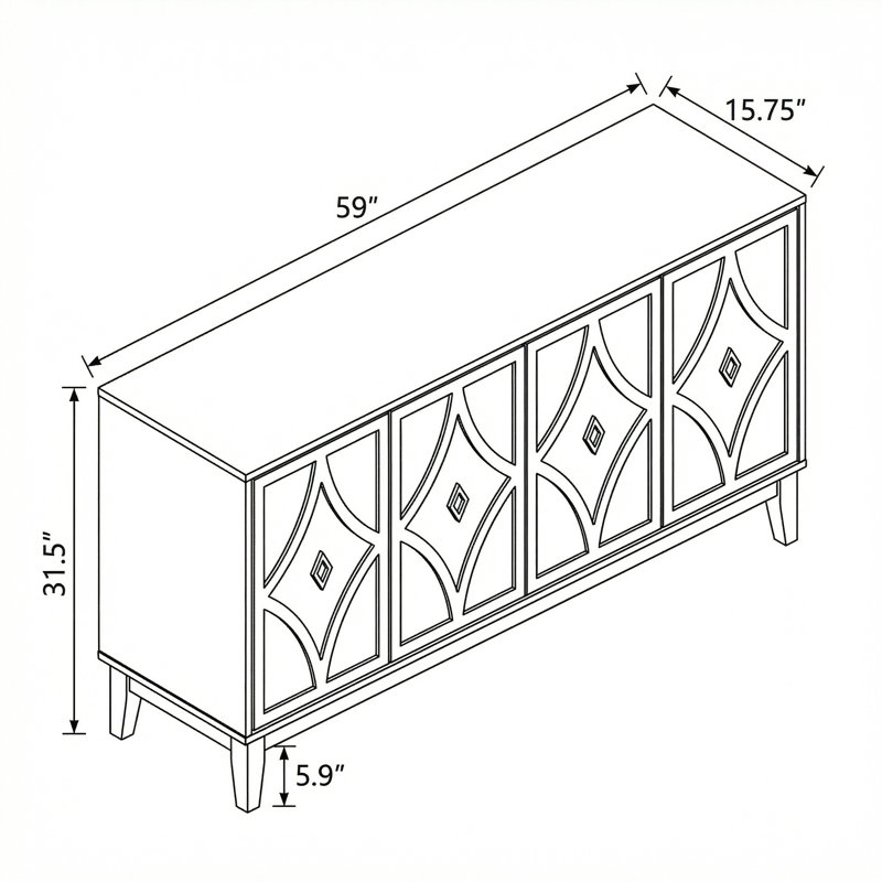 Armoire de rangement rétro à motif géométrique à quatre portes avec tablettes réglables et pieds surélevés pour le salon ou la salle à manger