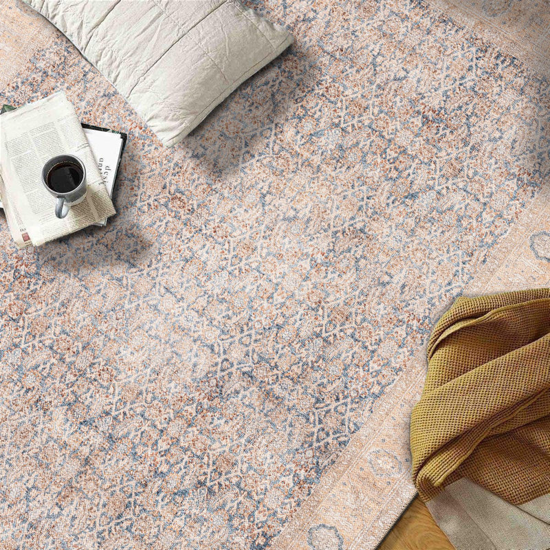 Elise Blue Distressed Medallion Rug – Flat Pile, Washable With Non-Slip Backing, Rectangle 2' x 3'