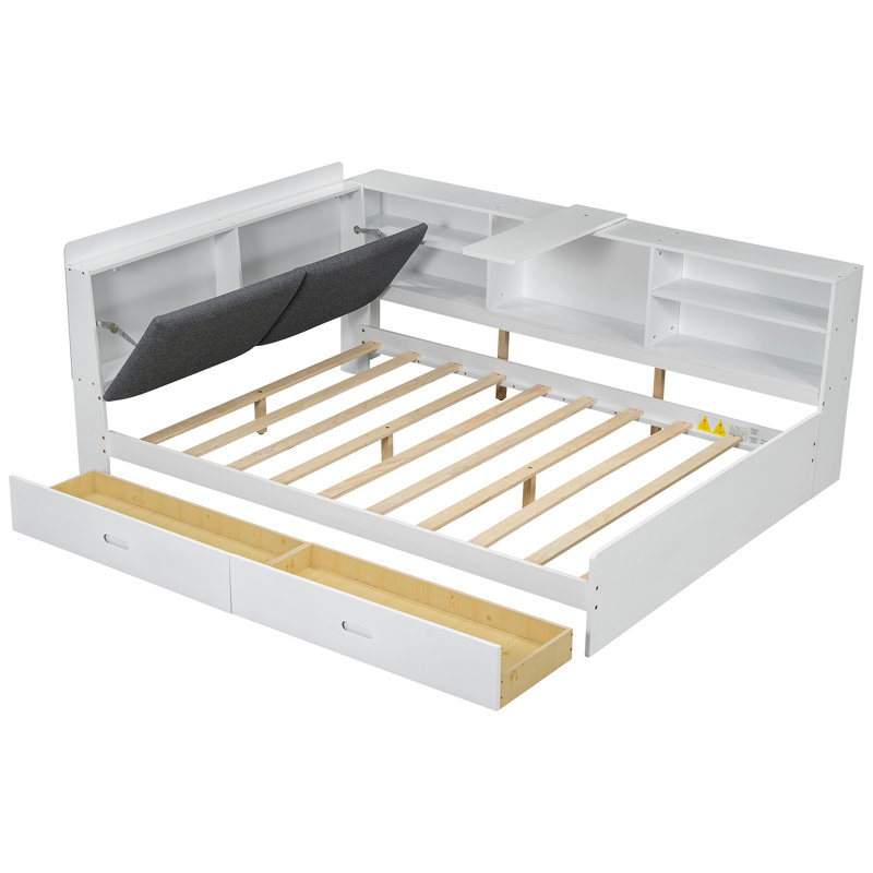 Lit plateforme en bois avec tablettes de rangement et 2 tiroirs, Blanc, Lit double