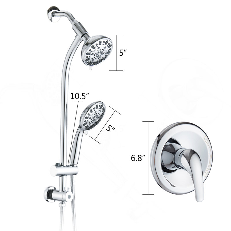 Drill-Free Stainless Steel Slide Bar Combo Rain Showerhead 7-Setting Hand, Dual Shower Head Spa System (Rough-in Valve Included)