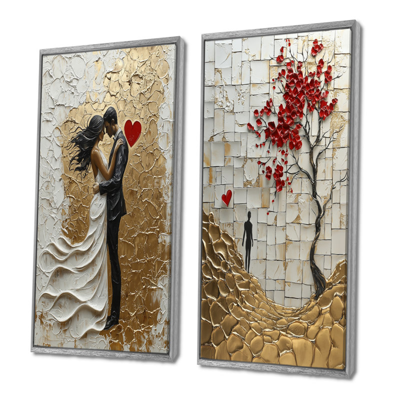 Or, rouge, tango argentin, couple romantique, ensemble d'art mural 2 pièces, H 32 po x l 32 po, Cadre argenté flottant