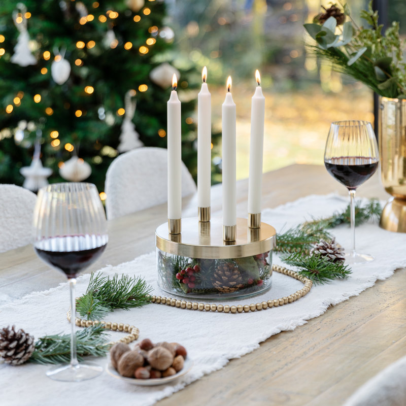 Metal Candle Holder with Glass Bowl, Gold