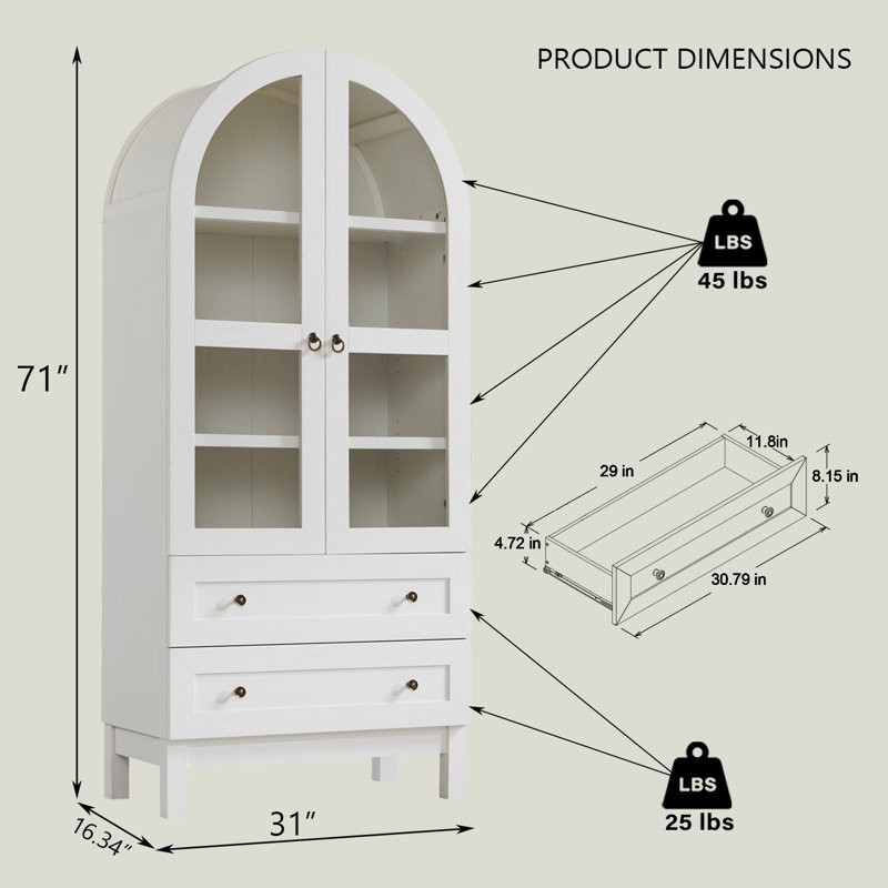 Armoire de rangement de 71 po de hauteur pour salle de bain arquée moderne, armoires de rangement en bois de ferme avec 2 grands tiroirs et tablettes réglables