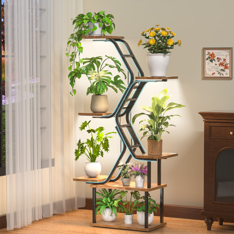Support pour plantes d'intérieur Verdena 65 po avec lampe de croissance, tablette métallique à 7 niveaux avec structure tubulaire double pour présentation en coin