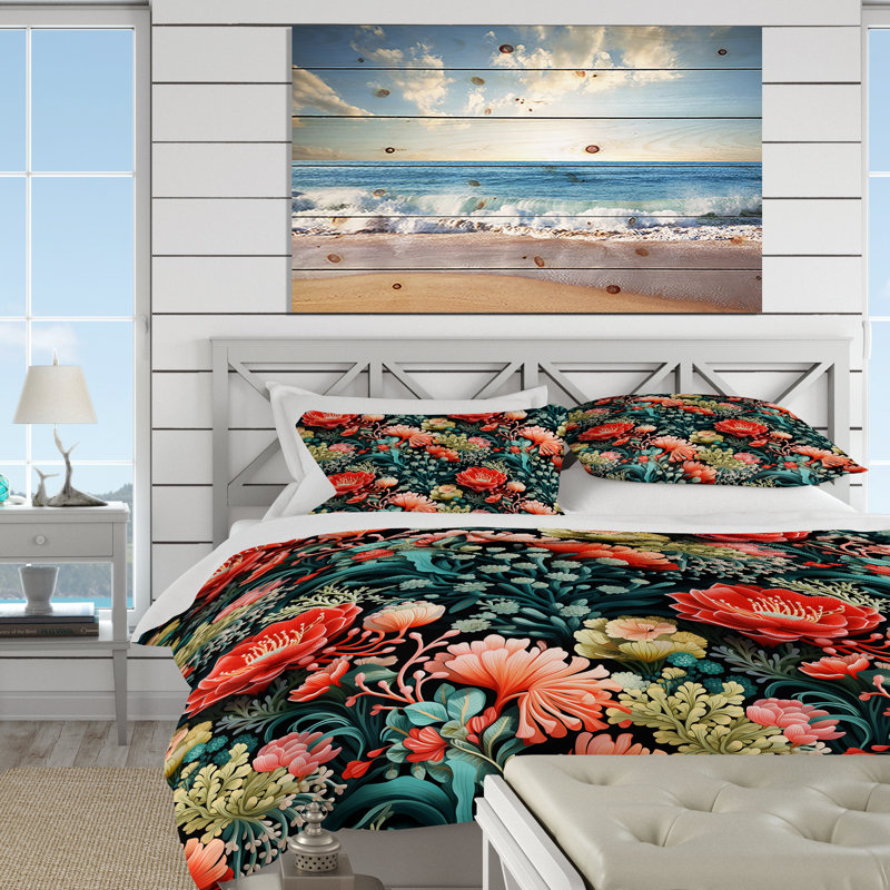 Ensemble de housse de couette Coral Reef Corals Coastal Pattern, Housse de couette simple + 1 taie décorative stan