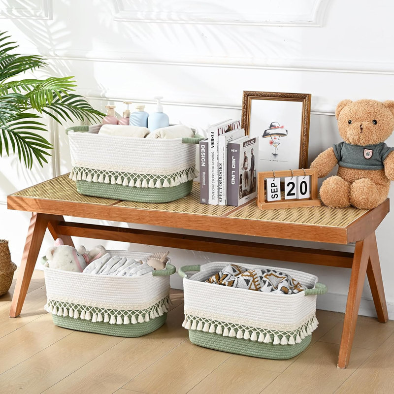 3 Pack Storage Basket For Shelves, Boho Cotton Rope Storage Bins With Heavy Tassel, Shelf Baskets Large Woven Baskets For Organizing, Cube Organizer Bins, Baby Laundry Basket For Clothes, Toys