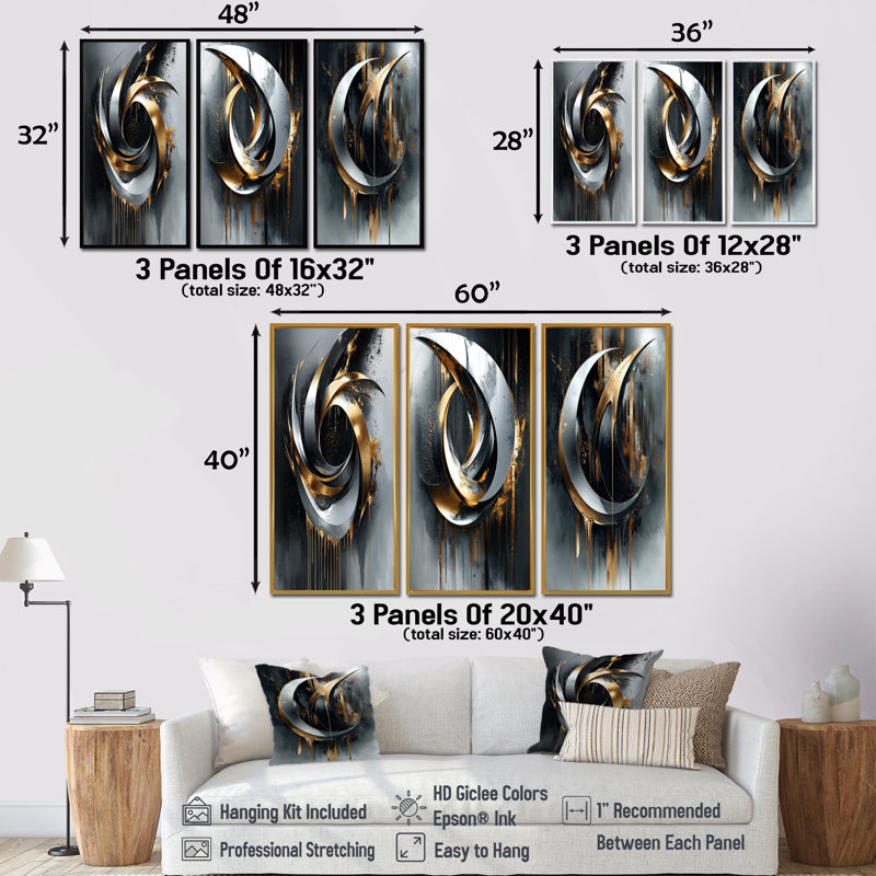 Formes et lignes abstraites noires et dorées I - Collection de 3 grands panneaux modernes sur toiles, H 32 po x l 48 po, Noir