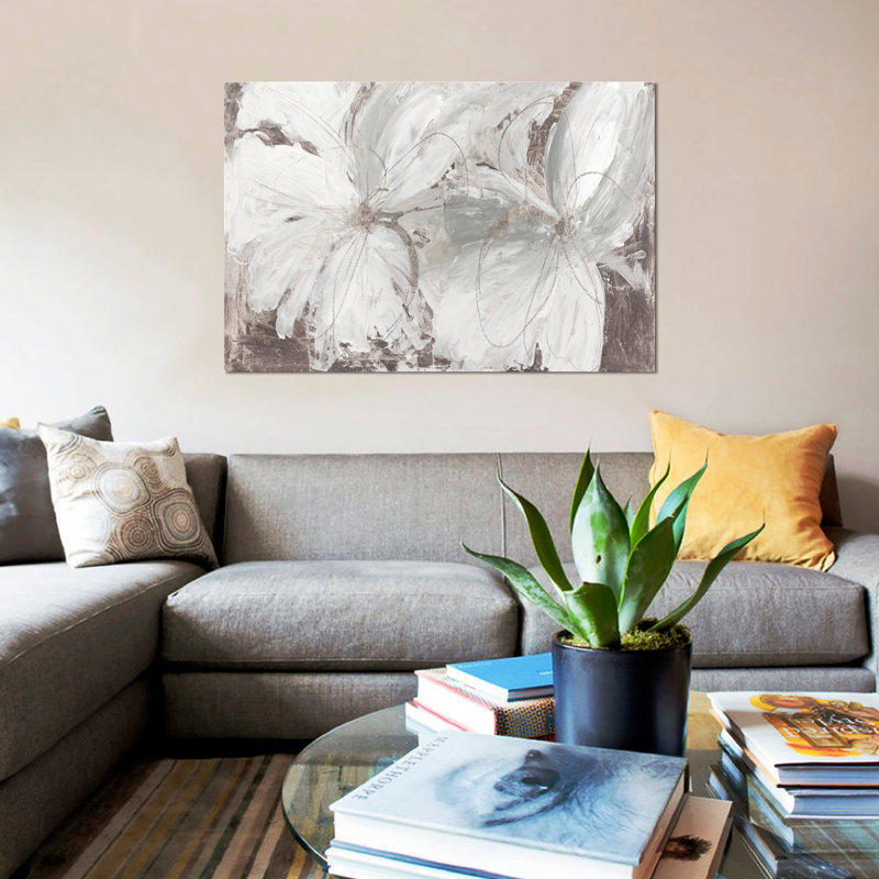 «Silver Floral», reproduction sur toile, H 18 po x l 26 po x p 1,5 po, Toile avec cadre noir, Pas de tapis