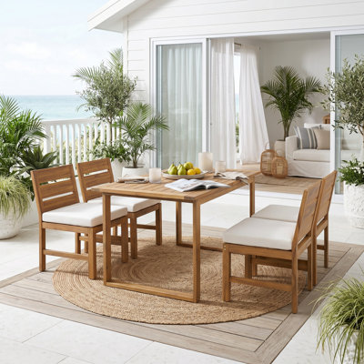 Ensemble de table de salle à manger 5 pièces pour l'extérieur, en bois d'acacia, siège large avec coussins, maison de campagne moderne, patio