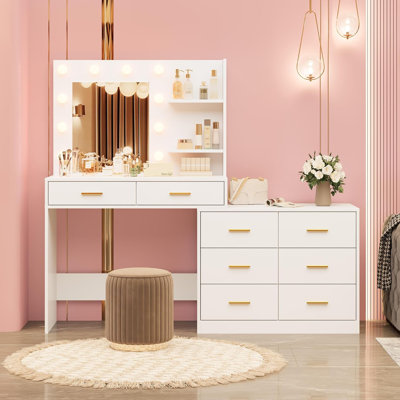 61" Make Up Vanity Desk with Mirror and Lights, 3 Lighting Modes Vanity Organizer with Adjustable Brightness, Vanity with 8 Storage Large Drawer & 2 O by Ebern Designs