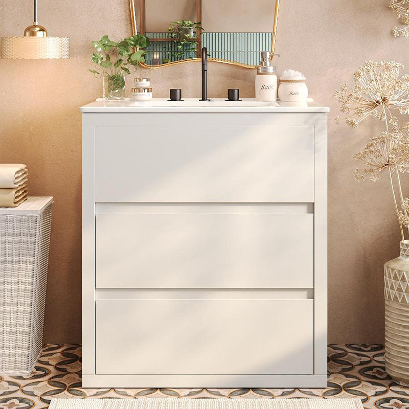 Meuble-lavabo 30 po avec lavabo en céramique et 2 tiroirs pleine extension, meuble-lavabo autoportant avec poignée libre à 45 °, glissières de tiroir à fermeture en douceur, blanc