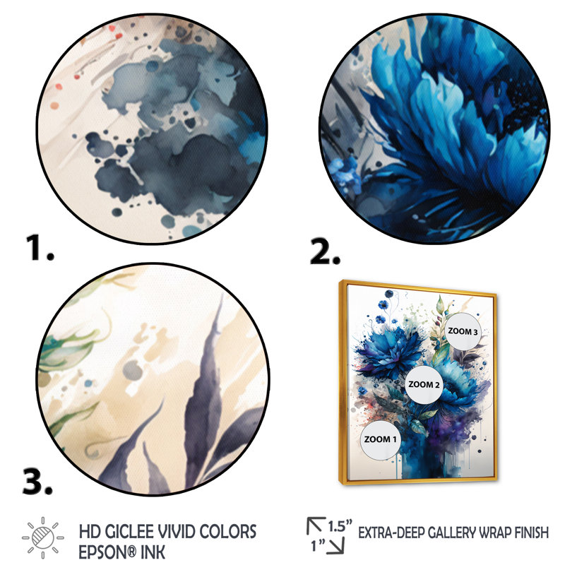 «Vibrant Blue Flower Bouquet I», reproduction sur toile, H 44 po x l 34 po x P 1,5 po, Cadre flottant doré