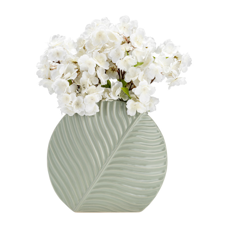 Sculptural Tall Vase with Leaf Texture for Console and Entryway Design - Flower Vase for Home Decor, Ivory/Beige