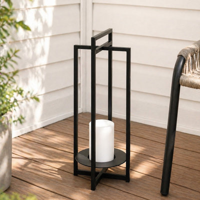 H18" Solar Outdoor Lantern With Flickering Led Candle And Automatic Dusk-to-dawn Light Black Metal Frame