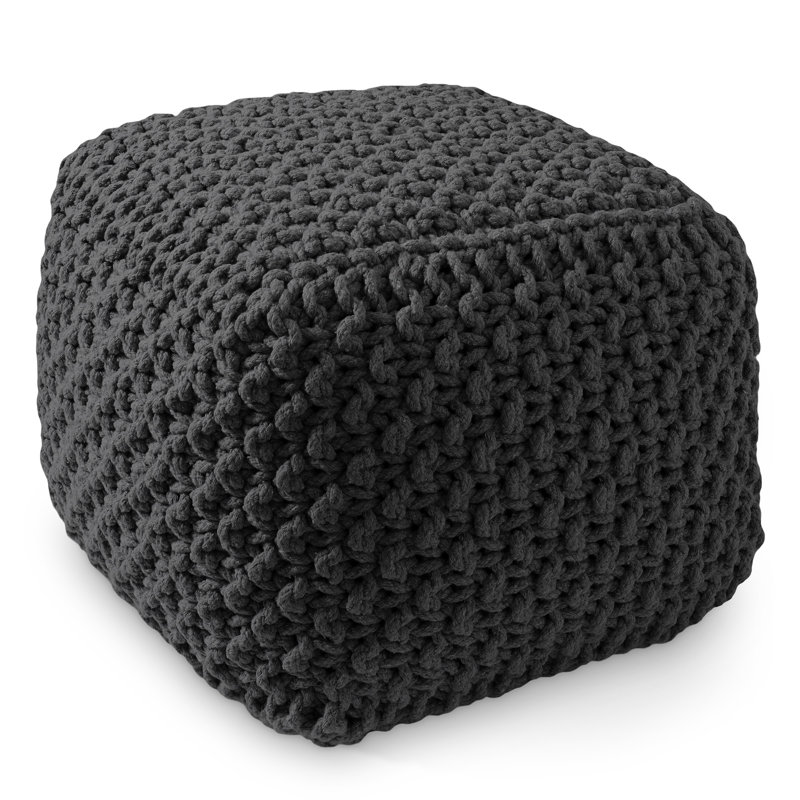 Black Hand-Knitted Cotton Square Pouf Ottoman