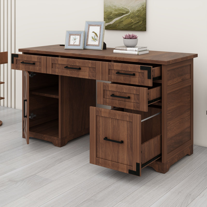 Bureau de direction Farmhouse avec station de charge intégrée, prises de courant et tiroir-classeur, Walnut