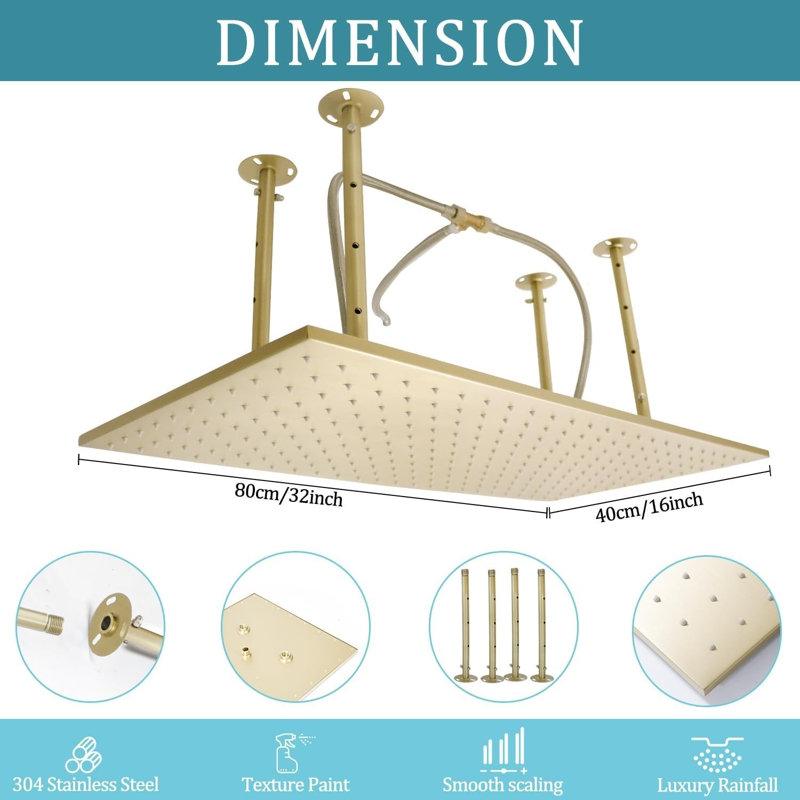 Pomme de douche à DEL Mosson au fini or brossé, douche de pluie rectangulaire en laiton 16 po x 32 po, salle de bain luxueuse