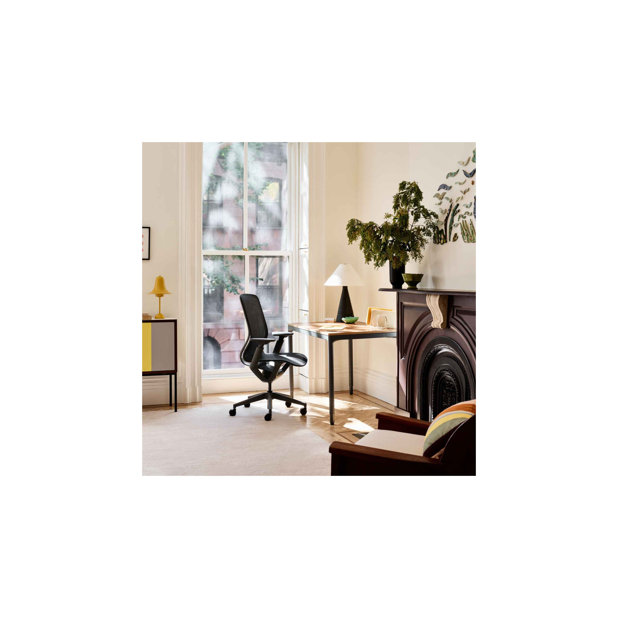 Four Leg Standing Desk, Woodgrain, Carbon, 44.6" H x 59" W x 27" D