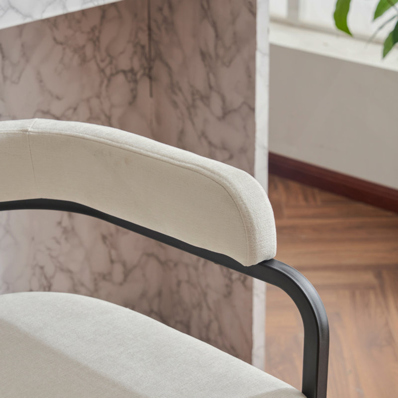 Modern Chenille Upholstered Bar Stools Set of 2 | Metal Frame with Armrests, Counter Height for Kitchen & Home Bar, White
