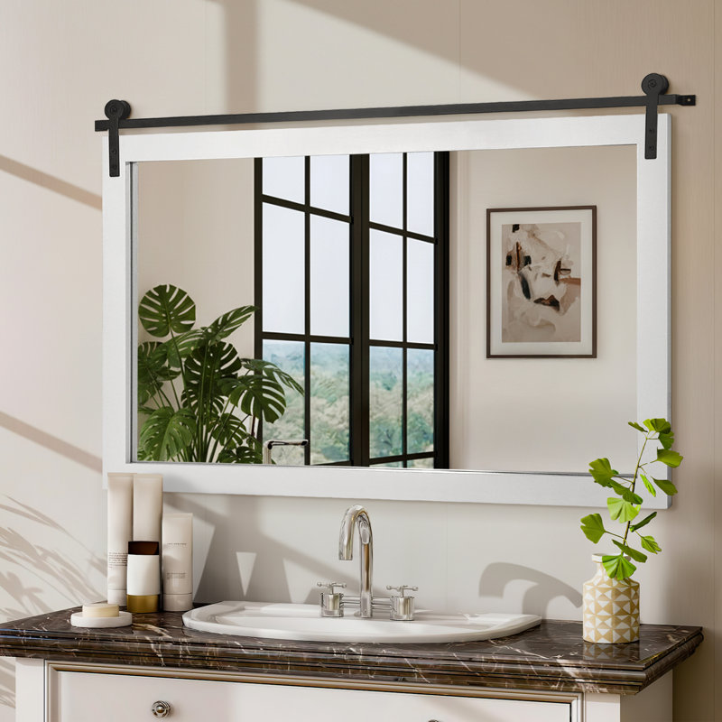 Rural Farmhouse Barn Bathroom Mirror - Wooden Frame Wall Mirror, Rectangular Wall Decorative Mirror, Metal Bracket Decorative Barn Door Style Mirror For Bathroom Entrance, Living Room And Bedroom