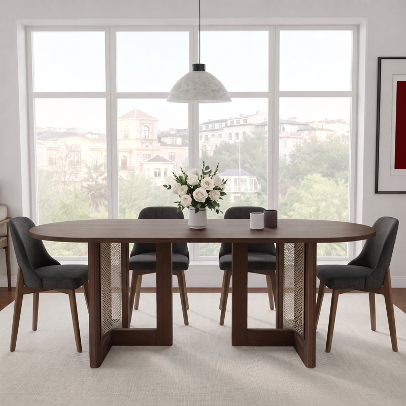 Ensemble de table et de chaises de salle à manger ovales de 170 cm (67 po) avec des chaises rembourrées, en rotin, avec double piétement pour 2 à 6 personnes.