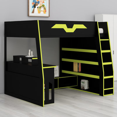 Lit mezzanine en bois moderne avec bureau, grandes tablettes de rangement et éclairage RVB