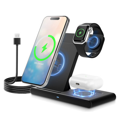 All in One Wireless Charging Stand for iPhone 18 17 16 15 14 13 12 11 Pro Max Plus, Compatible with Apple Watch, for AirPods 4 3 2 Pro, 3 in 1 Fast Charger Stand(Black)