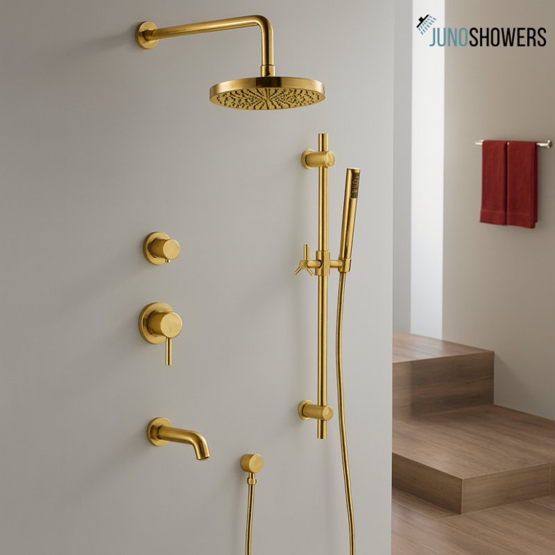 16 Inch Stainless Steel Shower System with Thermostatic Valve and Handheld Spray, Wall Mounted, Gold