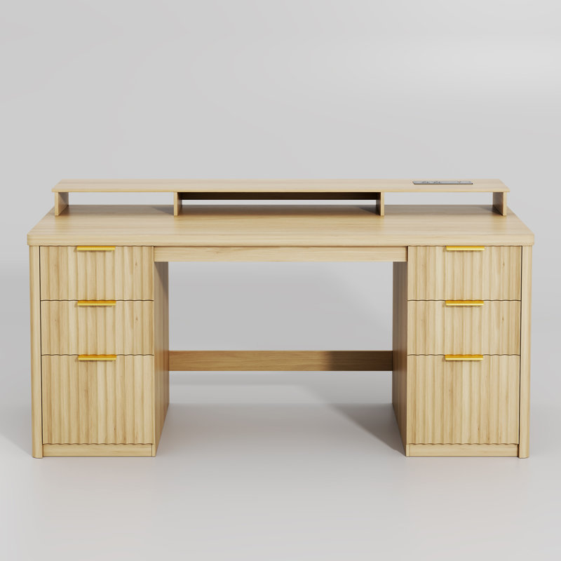 Computer Desk with Built-In Electrical Outlet, Oak
