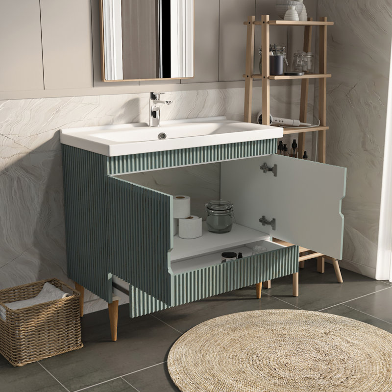 Meuble-lavabo large avec lavabo en céramique sahra sahra, Vert mer, 39"
