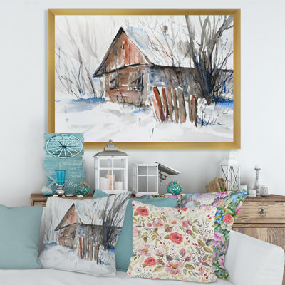 Vieille maison en bois abandonnée en hiver - peinture sur toile