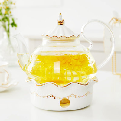 Blooming Tea Pot Set, Luxury British Design With Relief Decor & Gold Trims, Hand-Crafted Clear Teapot With Warmer, 40Oz Glass Teapot With Infuser, Sto -  House of Hampton®, 0CFE69275DC544FC91620B803EA3D1DA