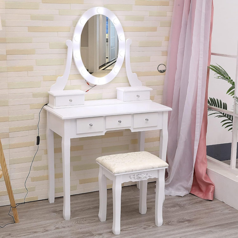 Modern Vanity Table with Mirrors and LED Light,2 in 1 Makeup Vanity Table Set with Chairs,Dressing Table with 5 Storage Drawers,3 Colors Lighting Modes