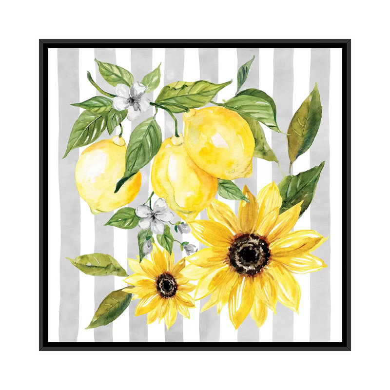 « Citrons and tournesols II » par Carol Robinson, reproduction d’art, H 18 po x l 18 po x 1,5 po, Toile avec cadre noir