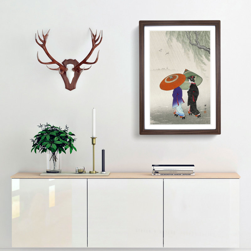 Two Women in the Rain by Ohara Koson - Picture Frame Painting Print, 48cm H x 36cm W x 2cm D, Walnut Framed