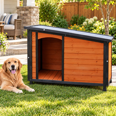 46" Solid Wood Dog House with Raised Floor for Large Dogs