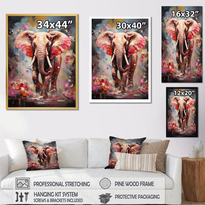 Imprimé sur toile, éléphant rose, Cadre doré simple, H 40 po x l 30 po x P 1,5 po