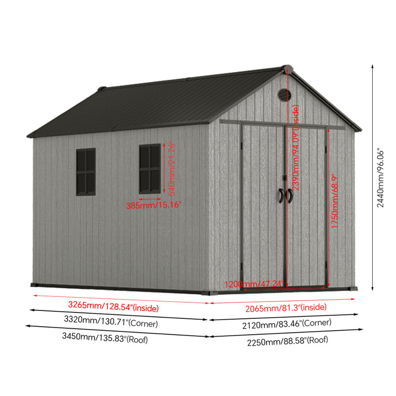 Gray wood-grain pointed-roof plastic tool shed