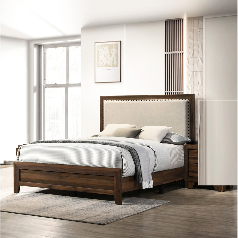 Lit contemporain très grand avec tête de lit en cerisier brun et structure en bois massif, King, Brun