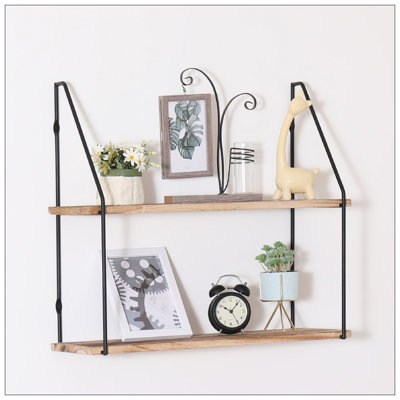 Gardenia Floating Shelf With Metal Brackets, Wall Mounted Rustic Wood Wall Storage, Decorative Hanging Display For Trophy, Photo Frames, Collectibles, And Much More (2-Tier – Natural Wood)