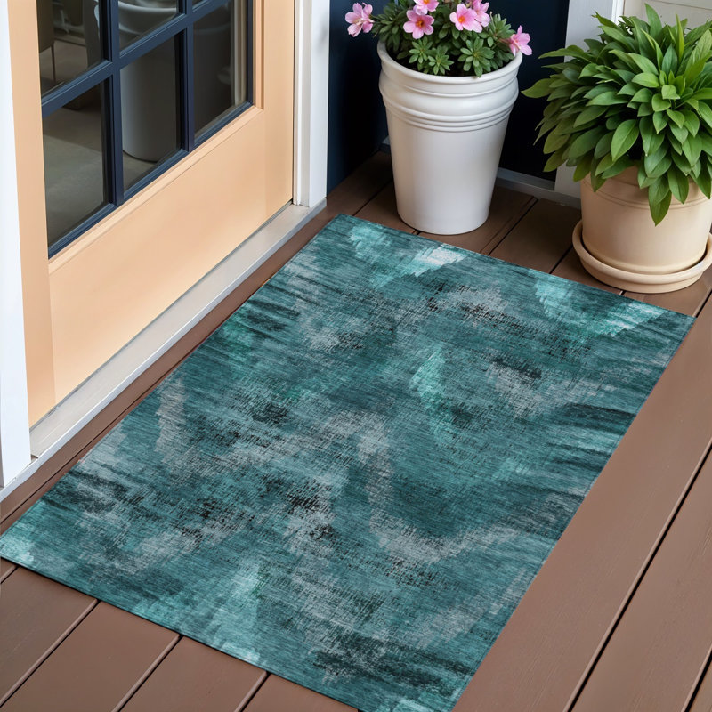 Tapis d'extérieur lavable abstrait bleu sarcelle 3 pi x 5 pi bleu turquoise et gris